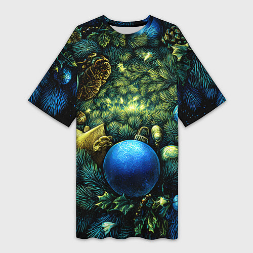 Женская длинная футболка Новогодние шарики на елке / 3D-принт – фото 1