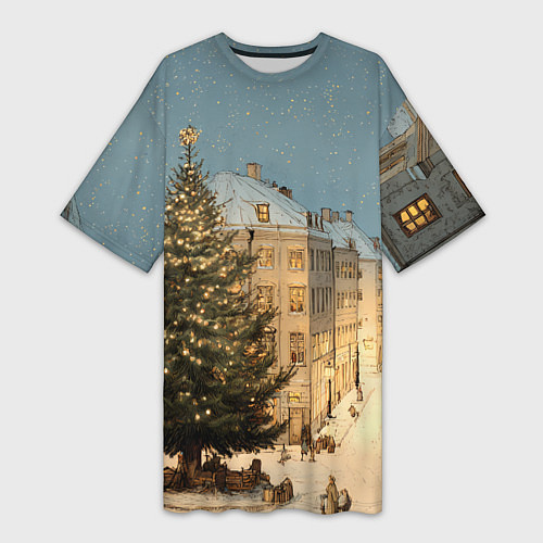 Женская длинная футболка Елка во дворе города / 3D-принт – фото 1