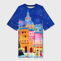 Женская длинная футболка Разноцветные новогодние домики