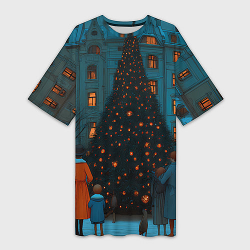 Женская длинная футболка Люди встречают новый год во дворе / 3D-принт – фото 1