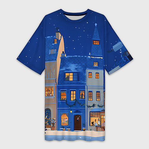 Женская длинная футболка Синяя новогодняя елочка во дворе / 3D-принт – фото 1