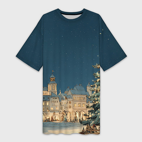 Женская длинная футболка Новогодняя атмосфера в городе / 3D-принт – фото 1