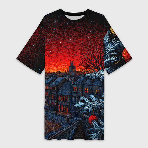 Женская длинная футболка Новый год в ночном городе / 3D-принт – фото 1