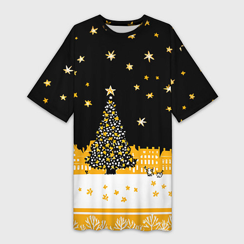 Женская длинная футболка Новый год в черно-желтом стиле / 3D-принт – фото 1