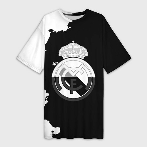 Женская длинная футболка Реал Мадрид черно белые краски / 3D-принт – фото 1