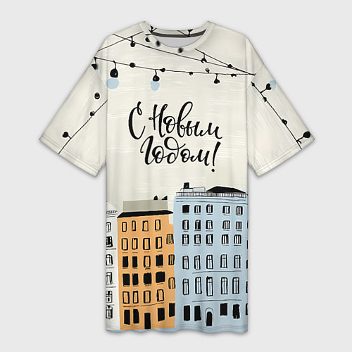 Женская длинная футболка С новым годом - новогодний городок / 3D-принт – фото 1