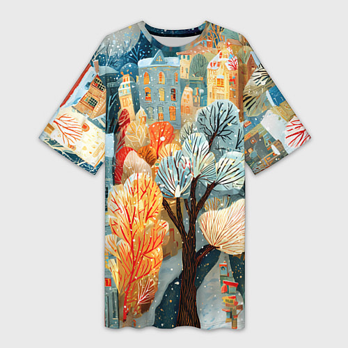 Женская длинная футболка Разноцветные новогодние домики / 3D-принт – фото 1