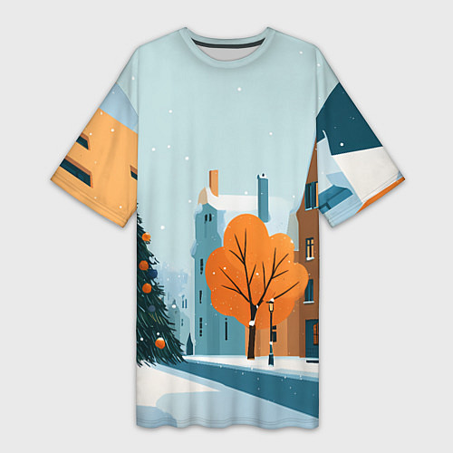 Женская длинная футболка Новогодняя улица / 3D-принт – фото 1