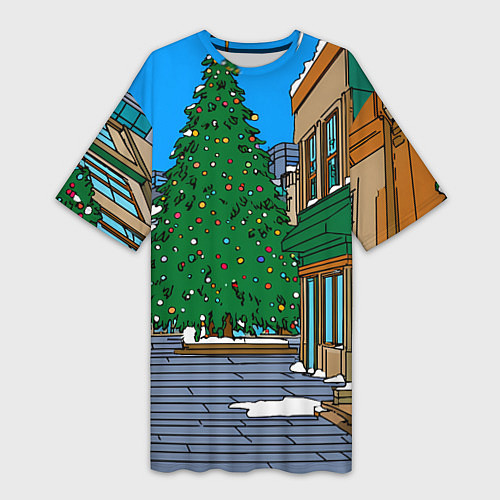 Женская длинная футболка Мультяшный новогодний двор / 3D-принт – фото 1