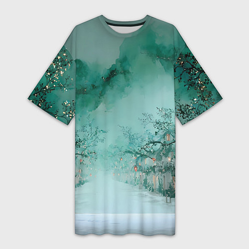 Женская длинная футболка Новогодняя туманная улица / 3D-принт – фото 1