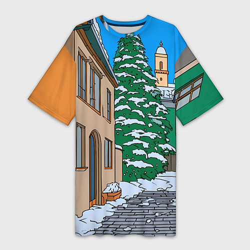 Женская длинная футболка Новогодняя мультяшная улица / 3D-принт – фото 1