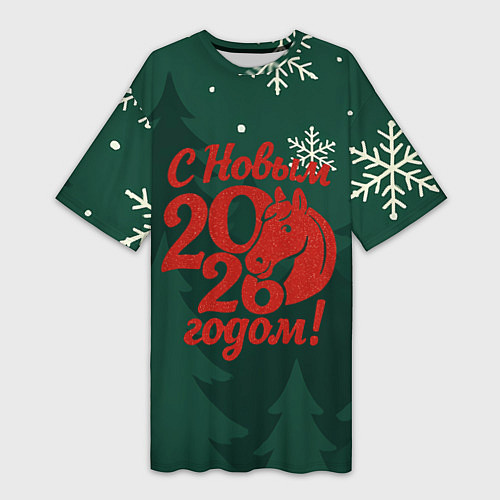 Женская длинная футболка С новым 2026 годом - красная надпись / 3D-принт – фото 1