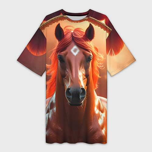 Женская длинная футболка Огненная лошадь на коричневом фоне / 3D-принт – фото 1