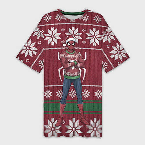 Женская длинная футболка Человек паук в вязаном свитере - новый год / 3D-принт – фото 1