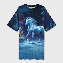 Футболка женская длинная Сияющая новогодняя лошадка, цвет: 3D-принт