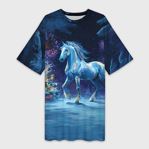 Женская длинная футболка Сияющая новогодняя лошадка / 3D-принт – фото 1