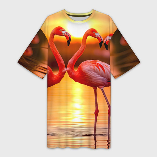 Женская длинная футболка Розовый закат с фламинго / 3D-принт – фото 1