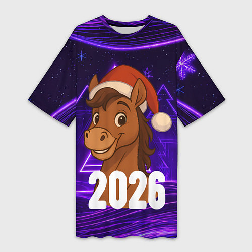 Женская длинная футболка 2026 новогодняя лошадка на фоне фиолетовых елок / 3D-принт – фото 1