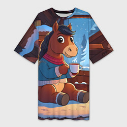 Футболка женская длинная Лошадка у камина, цвет: 3D-принт