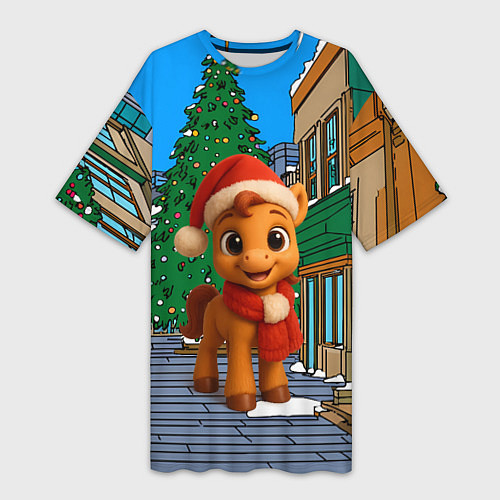 Женская длинная футболка Новогодняя лошадка и елка / 3D-принт – фото 1