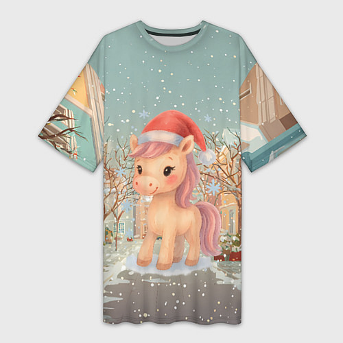 Женская длинная футболка Маленькая новогодняя милая лошадка / 3D-принт – фото 1