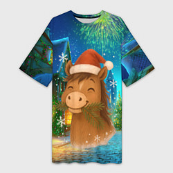 Футболка женская длинная Новогодняя лошадка жует елочные ветки, цвет: 3D-принт