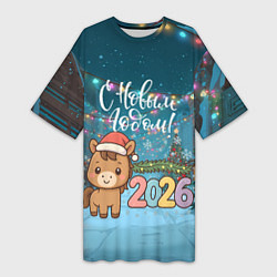 Футболка женская длинная Новогодняя лошадка 2026 год, цвет: 3D-принт