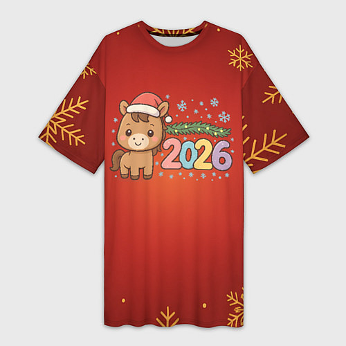 Женская длинная футболка Новогодняя лошадка 2026 на красном фоне / 3D-принт – фото 1
