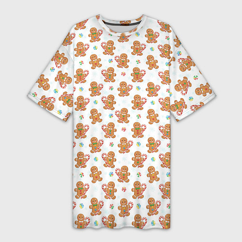 Женская длинная футболка Имбирные человечки и карамельные трости / 3D-принт – фото 1