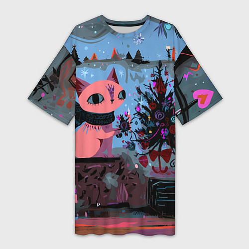 Женская длинная футболка Кошка празднует Новый год / 3D-принт – фото 1