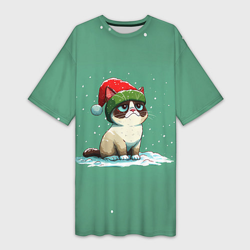 Женская длинная футболка Новогодний мем котик / 3D-принт – фото 1