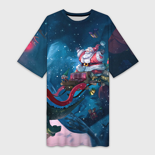 Женская длинная футболка Санта с динозавром / 3D-принт – фото 1