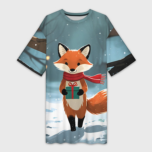 Женская длинная футболка Лисичка с подарком зимой / 3D-принт – фото 1