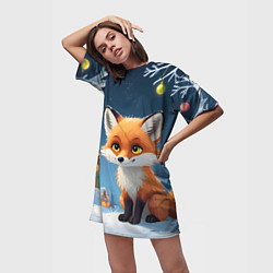 Футболка женская длинная Лисичка новогодней ночью, цвет: 3D-принт — фото 2