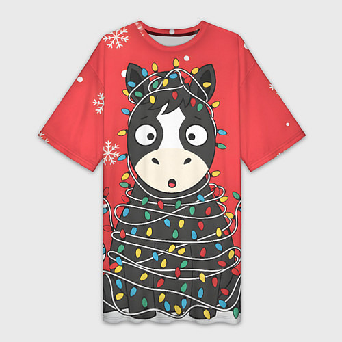 Женская длинная футболка Лошадка в новогодних огоньках / 3D-принт – фото 1