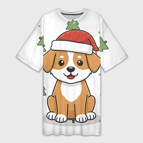 Женская длинная футболка Новогодняя собачка в шапочке / 3D-принт – фото 1