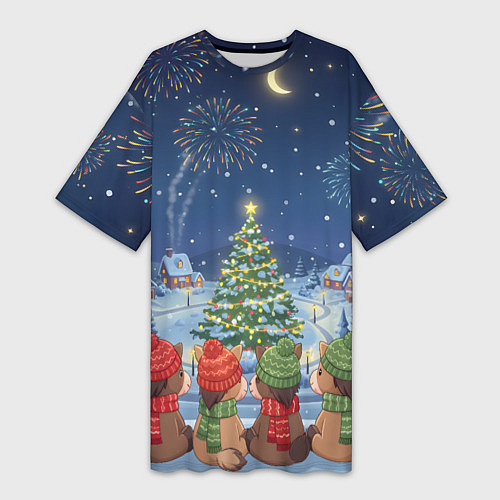 Женская длинная футболка Лошадки в новогоднюю ночь / 3D-принт – фото 1