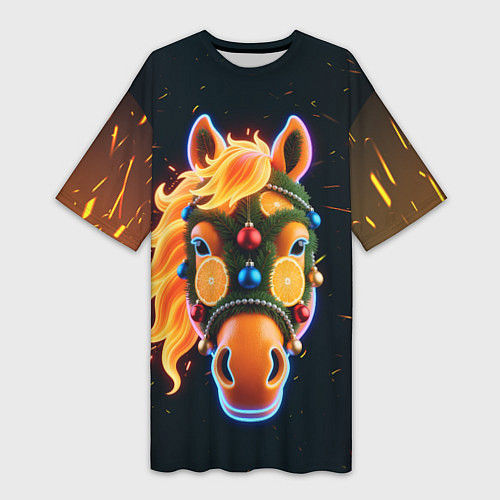 Женская длинная футболка Новогодняя мандариновая лошадь / 3D-принт – фото 1