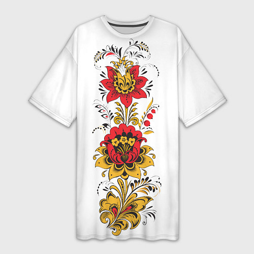 Женская длинная футболка Хохлома: цветы / 3D-принт – фото 1