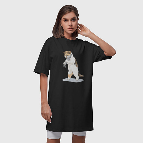 Женская футболка-платье Кот с рыбой / Черный – фото 3