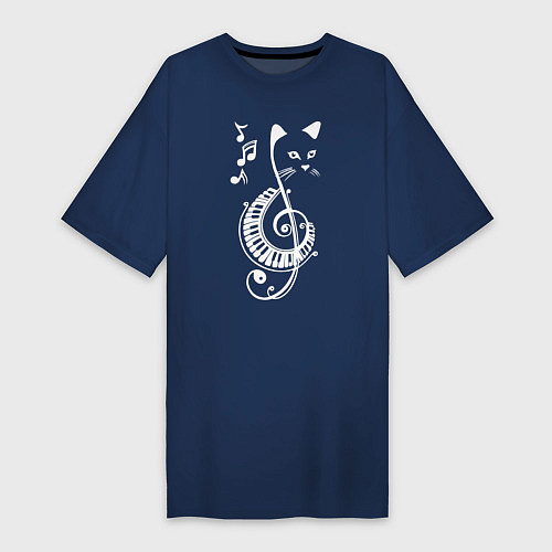Женская футболка-платье Котик музыкальный белый / Тёмно-синий – фото 1