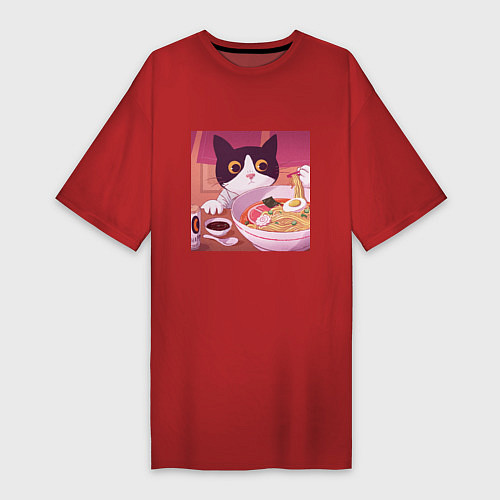 Женская футболка-платье Кот и лапша / Красный – фото 1
