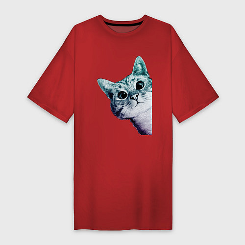 Женская футболка-платье Любопытный кот / Красный – фото 1