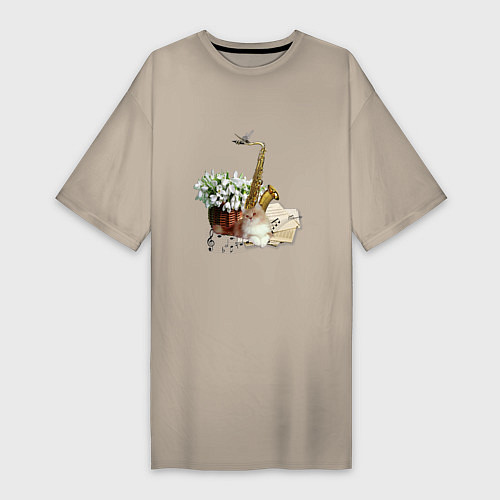 Женская футболка-платье Саксофон кот ноты / Миндальный – фото 1