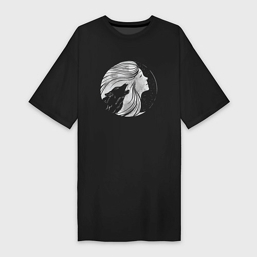 Женская футболка-платье Девушка Волк и Луна / Черный – фото 1