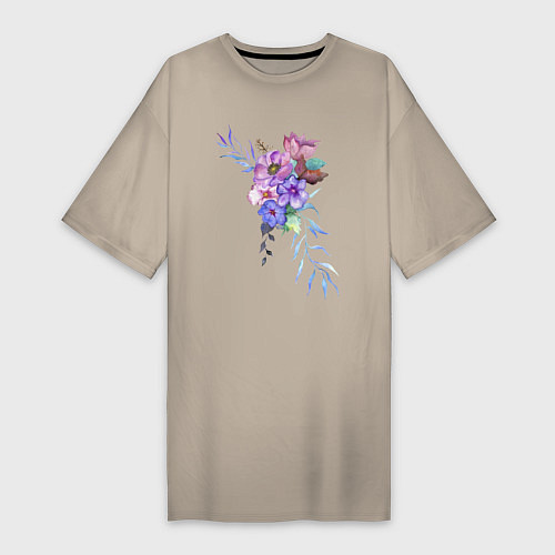 Женская футболка-платье Акварель цветы / Миндальный – фото 1