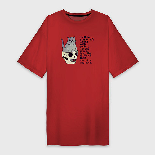 Женская футболка-платье Задумчивый котик / Красный – фото 1