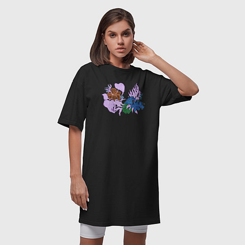 Женская футболка-платье Инопланетные цветы / Черный – фото 3