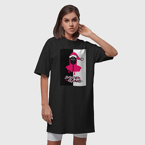 Женская футболка-платье Игра в кальмара Squid Game Новогодний ЧЕРНОЕ БЕЛОЕ / Черный – фото 3