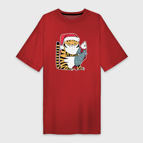 Женская футболка-платье Тигр с большой рыбой / Красный – фото 1